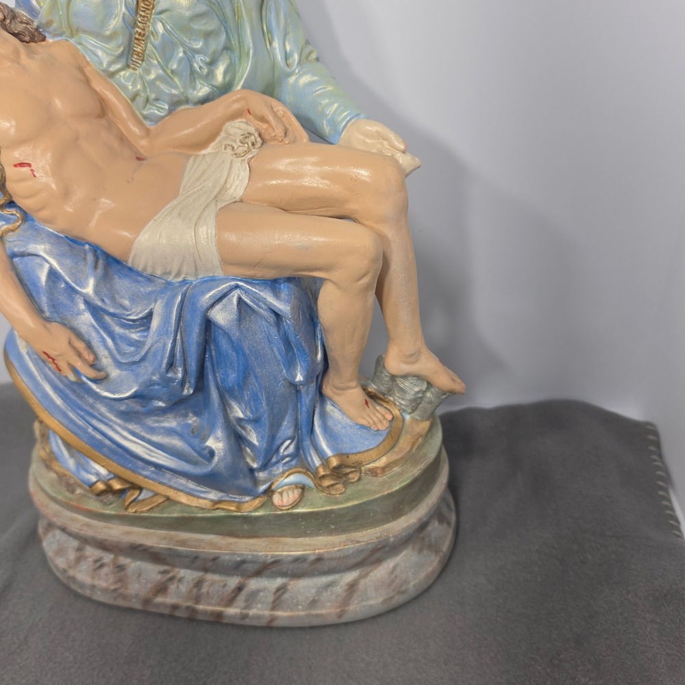 Vintage Pieta Statue Mary Jesus Religious Sculpture Blue Gold Chalkware 16in - Picture 8 of 15